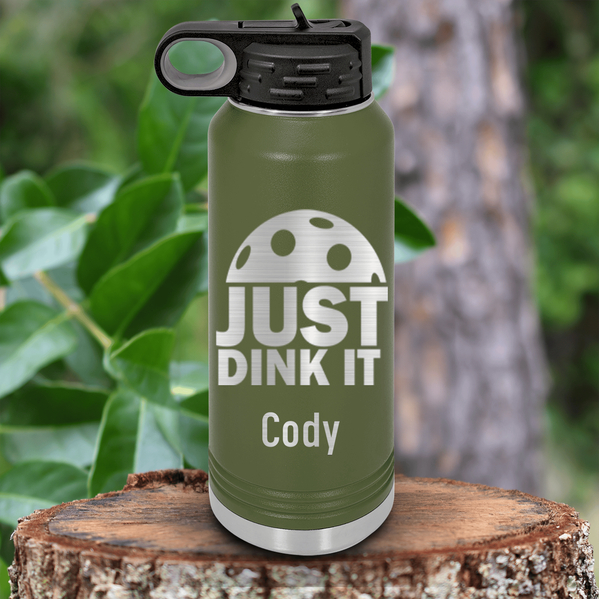 Military Green Pickleball Water Bottle With Just Dink It Design