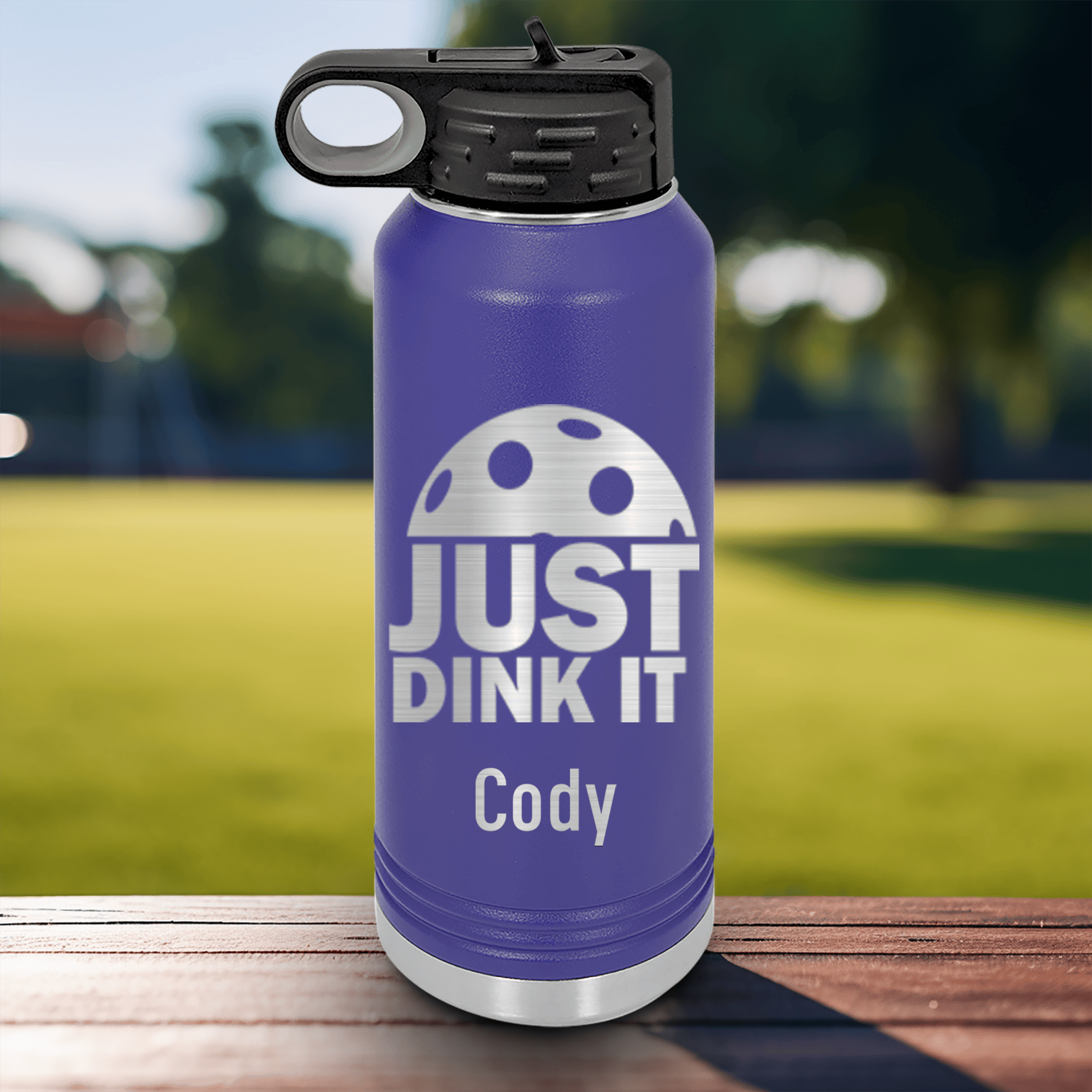 Purple Pickleball Water Bottle With Just Dink It Design