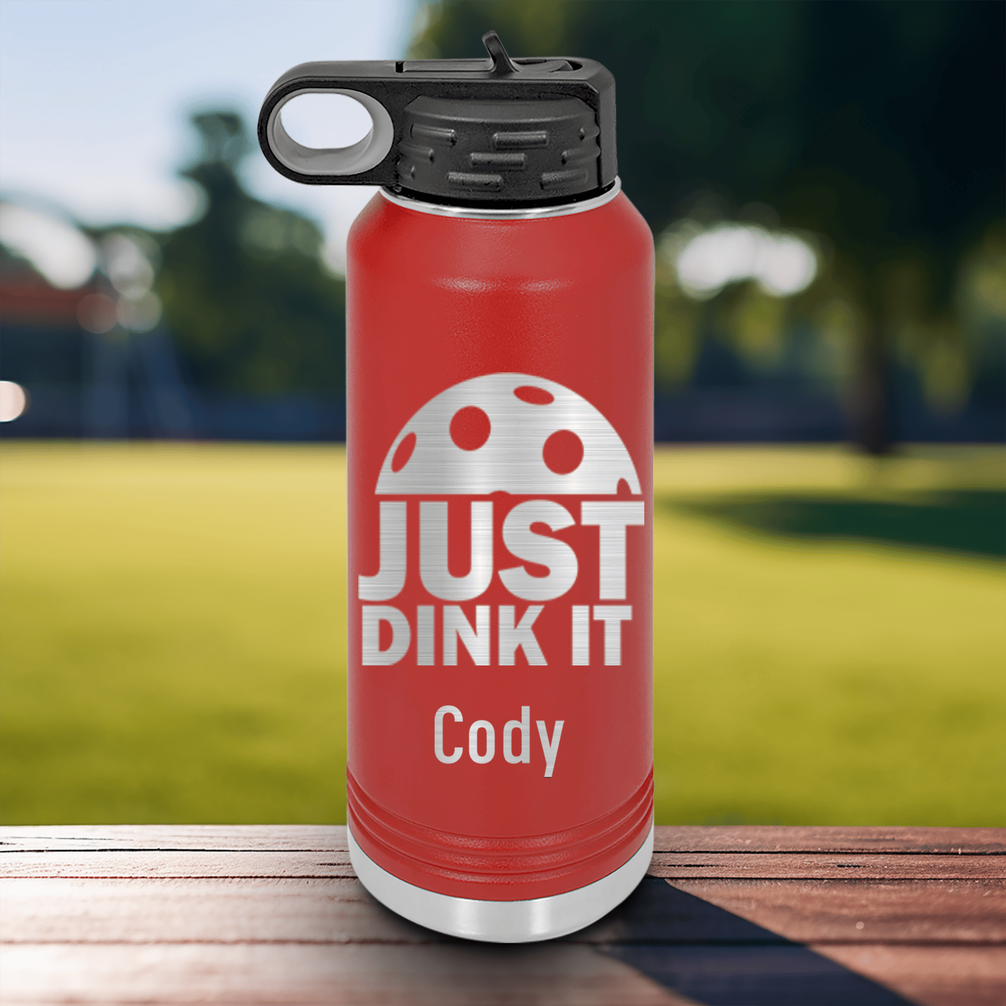 Red Pickleball Water Bottle With Just Dink It Design