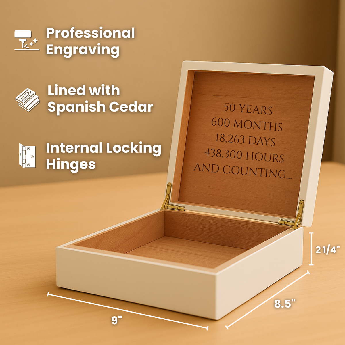 Features of the personalized keepsake box: professional laser engraving, Spanish cedar lining, internal locking hinges, and 9 by 8.5 by 2.25 inch dimensions.
