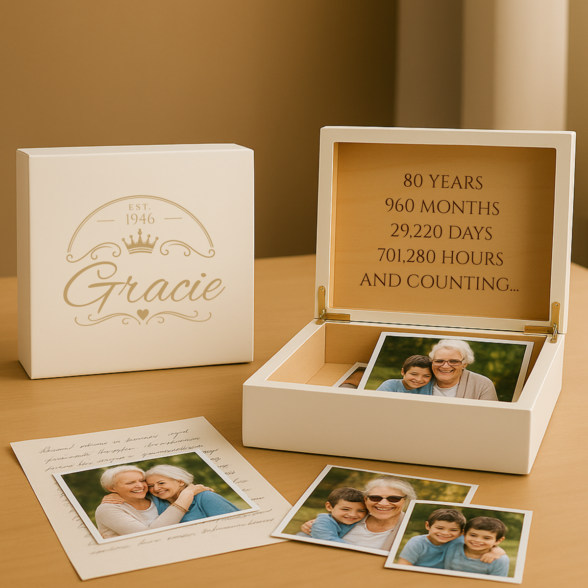 Open keepsake box for Gracie, Est. 1946, engraved 80 Years, 960 Months, 29,220 Days, 701,280 Hours and Counting, styled with family photographs.
