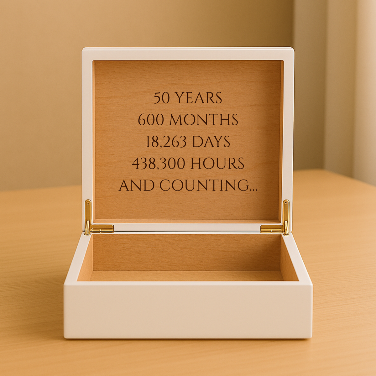 Open personalized keepsake box on a desk engraved 50 Years, 600 Months, 18,263 Days, 438,300 Hours and Counting inside the cedar-lined lid.