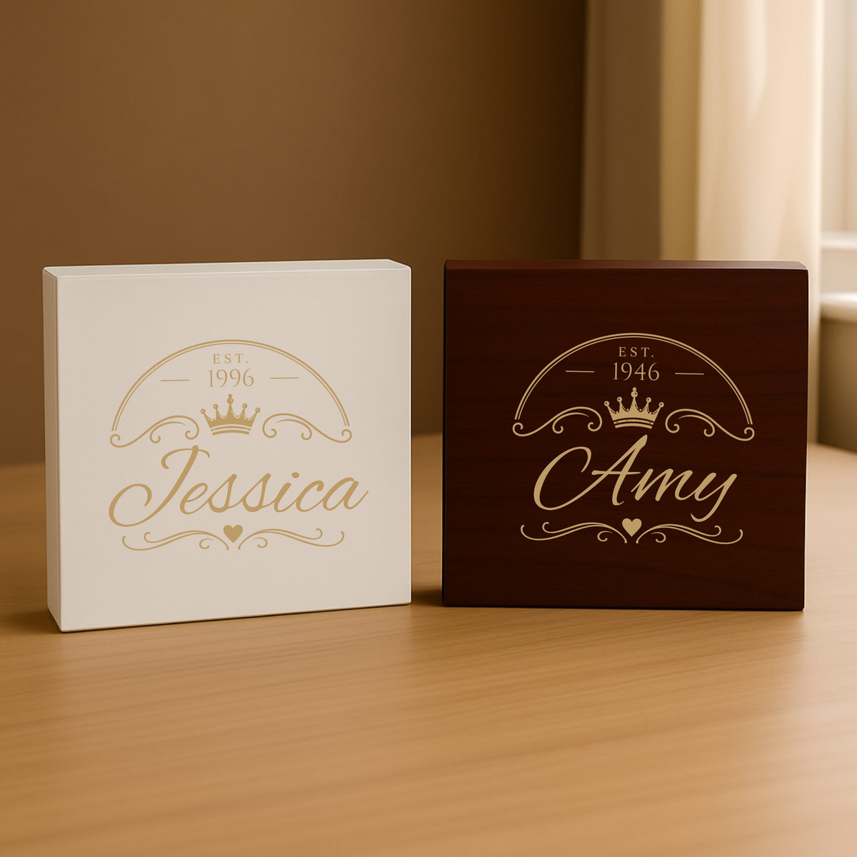 Close-up of a cream keepsake box lid laser engraved Est. 1956 Gracie in gold script beneath a crown and heart flourish.