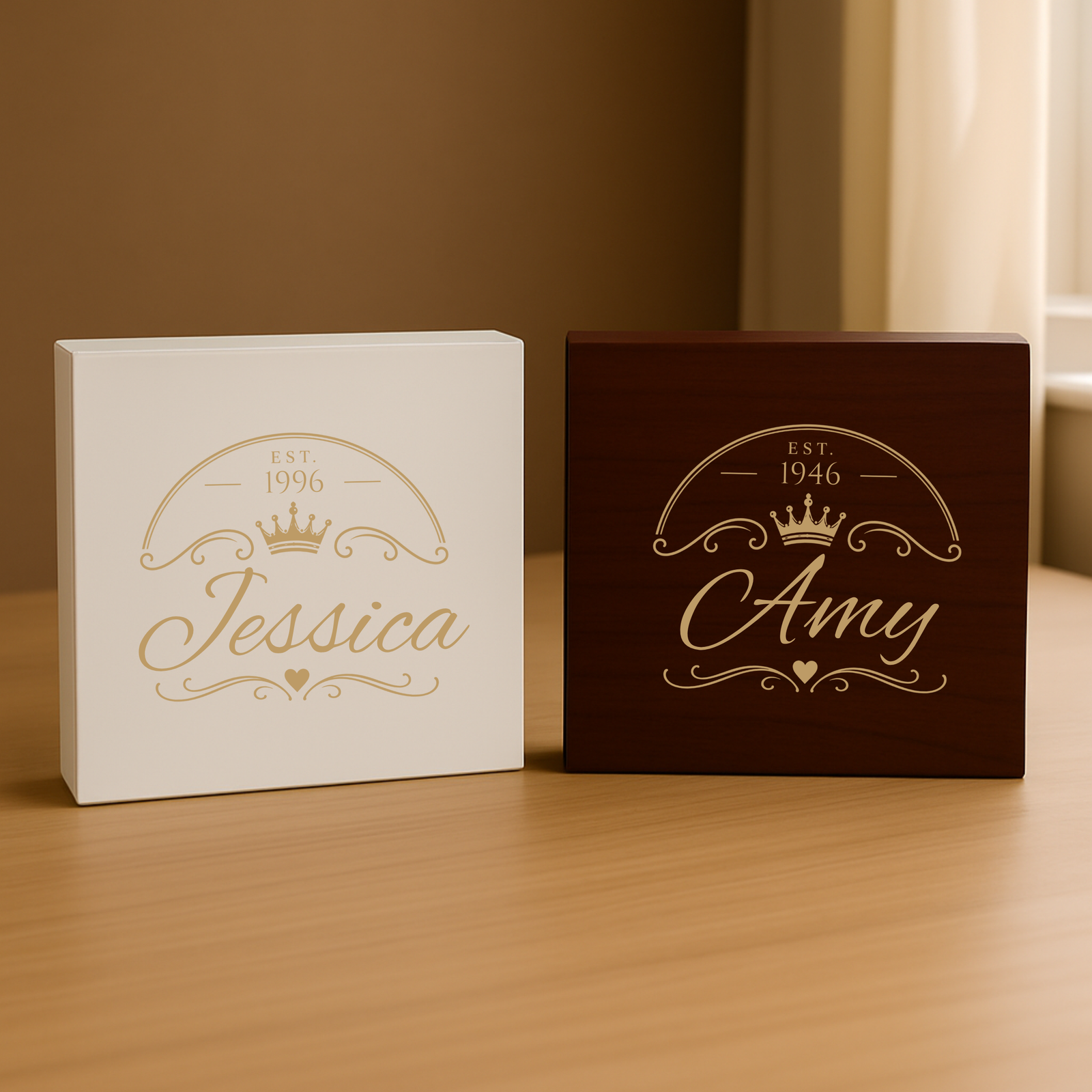 Close-up of a cream keepsake box lid laser engraved Est. 1956 Gracie in gold script beneath a crown and heart flourish.