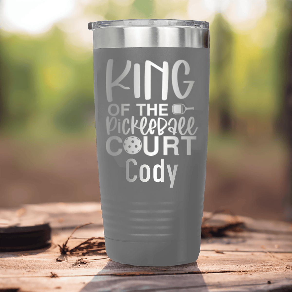 Grey Pickleball Tumbler With King Of The Pickleball Court Design