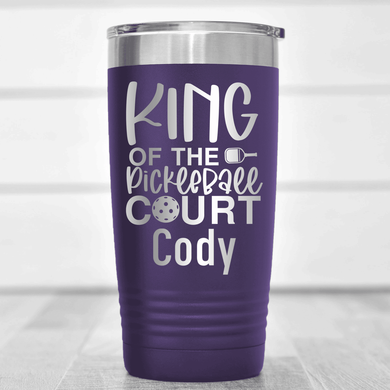Purple Pickleball Tumbler With King Of The Pickleball Court Design