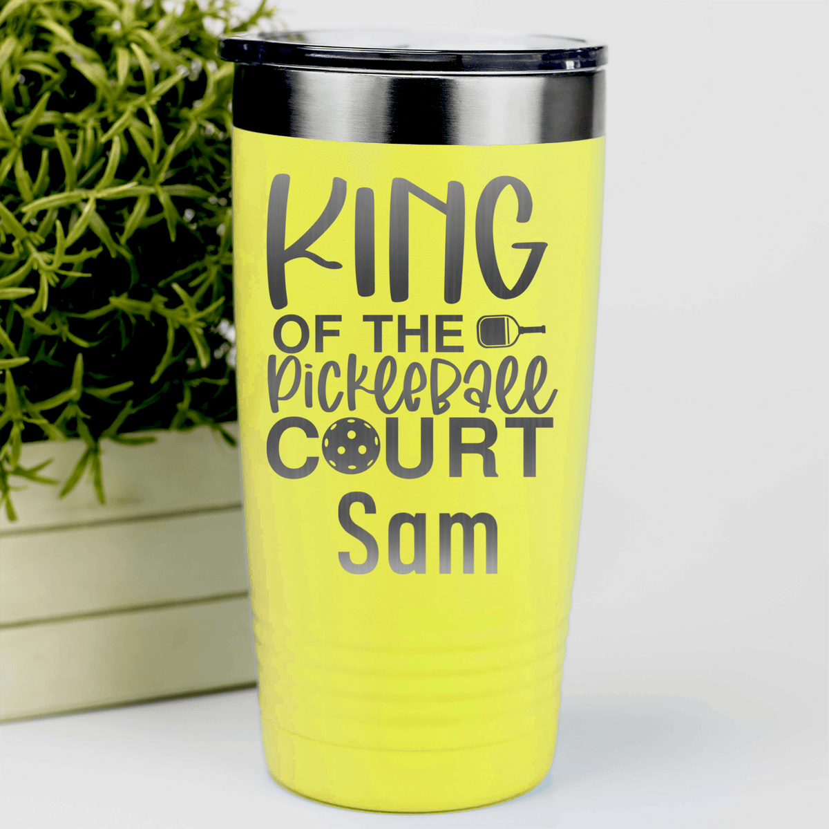 Yellow Pickleball Tumbler With King Of The Pickleball Court Design