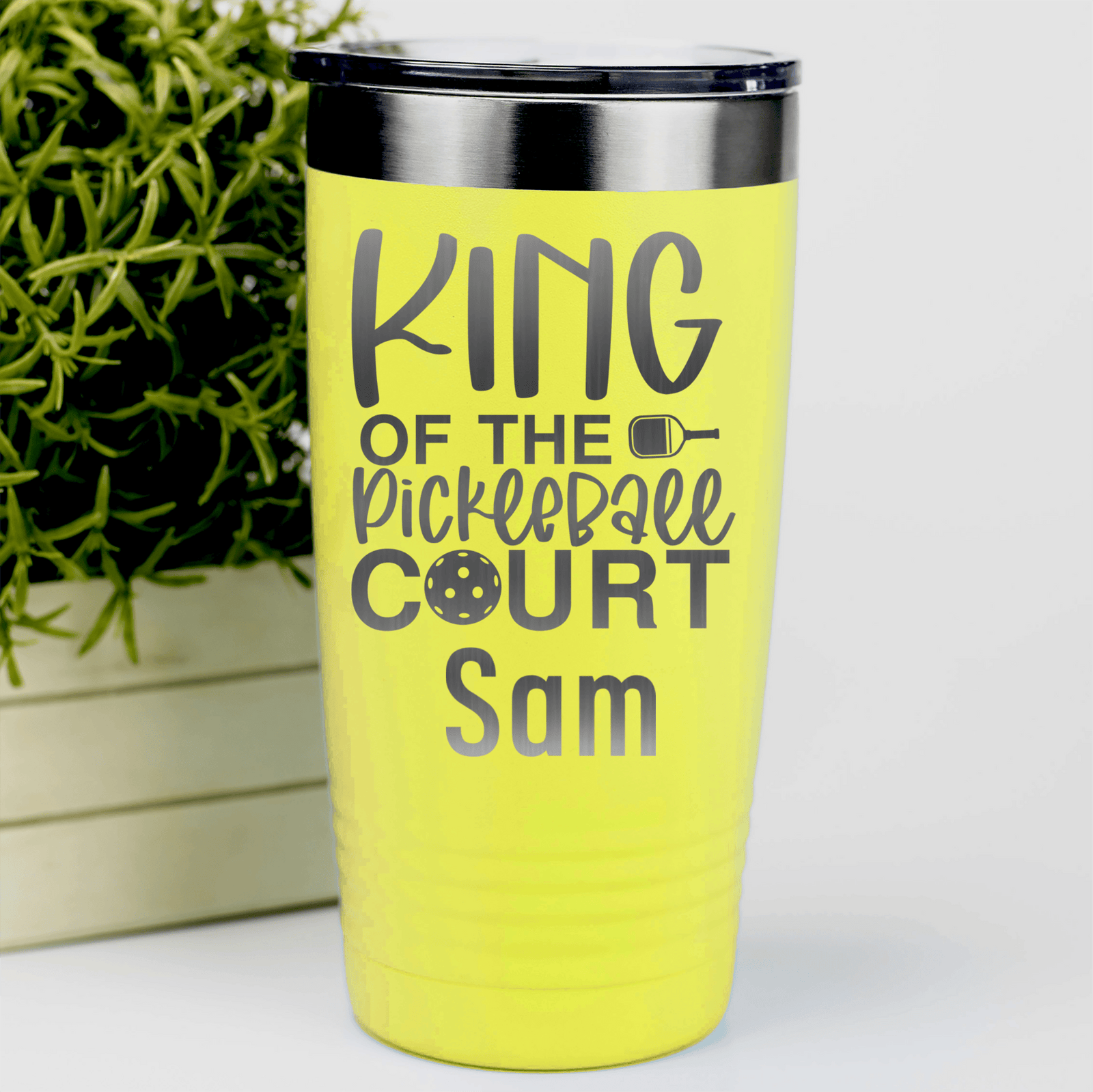 Yellow Pickleball Tumbler With King Of The Pickleball Court Design