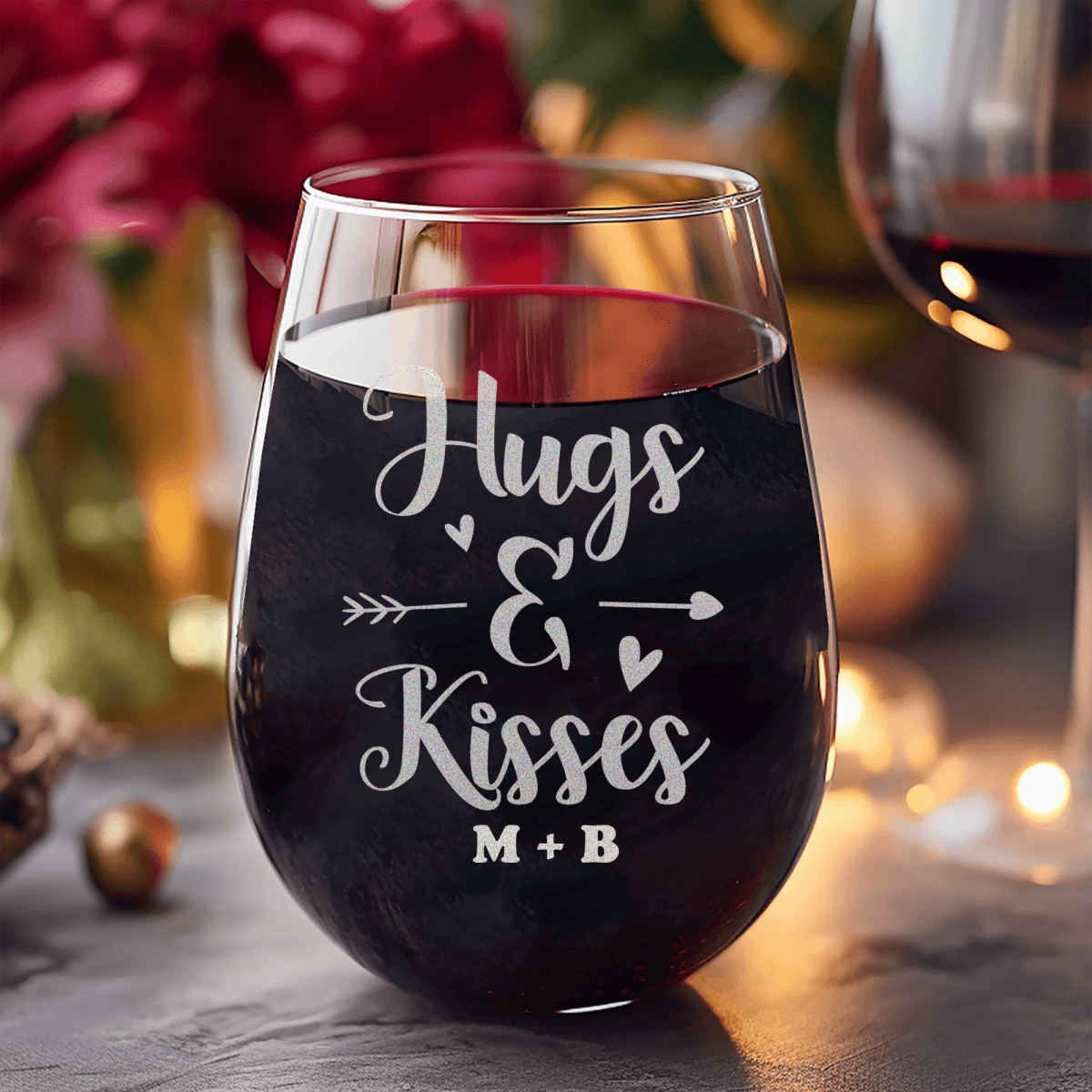 Personalized Kisses For My Valentine Stemless Wine Glass for her, Customized Gifts for Women by Groovy Girl Gifts