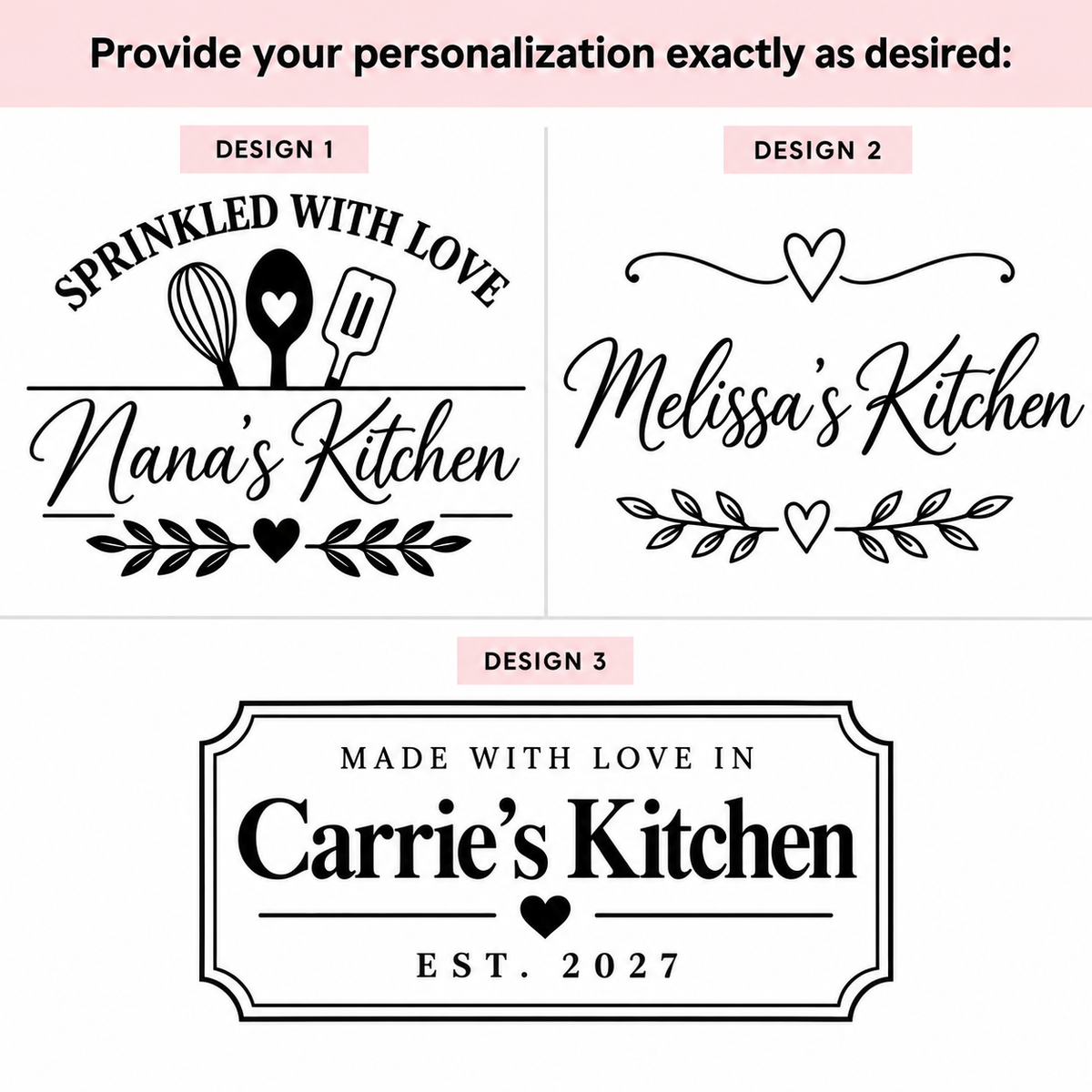 A digital preview showing three kitchen design options labeled Design 1, Design 2, and Design 3 under the heading 'DESIGN OPTIONS'. The designs feature black typography and decorative line art on a white background with a pale pink header.