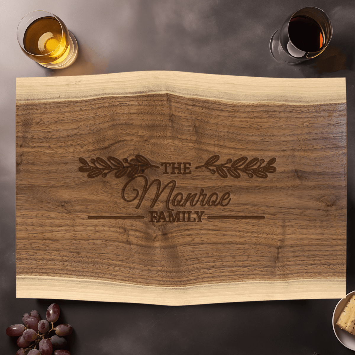 Family Name Walnut Cutting Board With Lineage Leaf Design