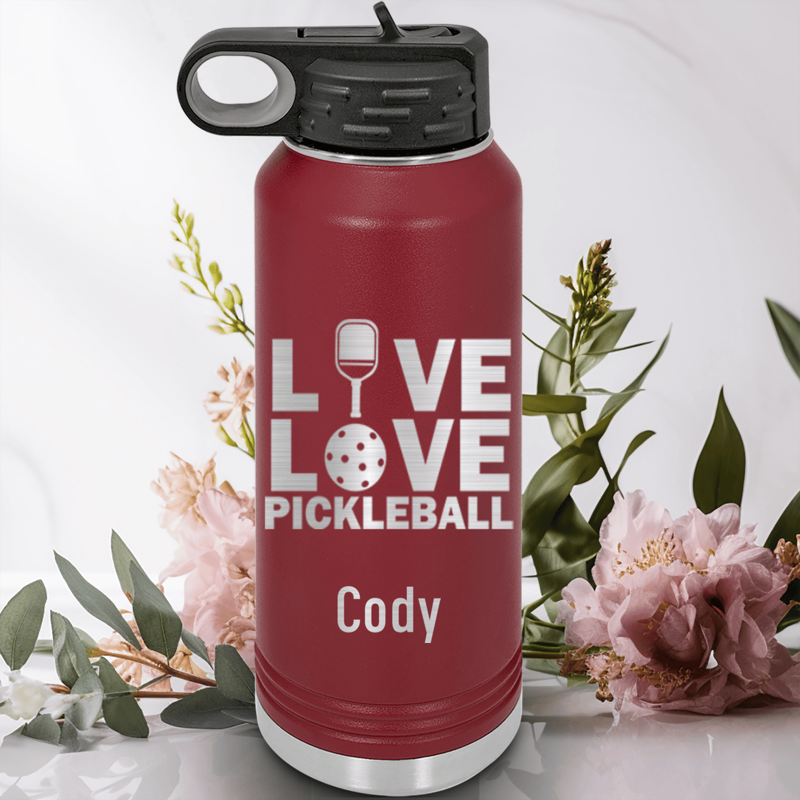 Maroon Pickleball Water Bottle With Live Love Pickle Design