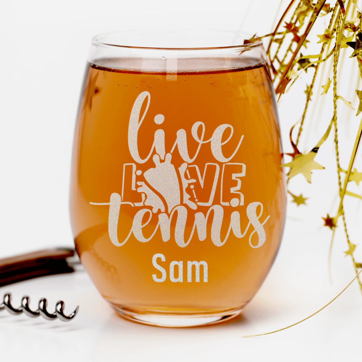 Personalized Live Love Tennis Stemless Wine Glass for her, Customized Gifts for Women by Groovy Girl Gifts