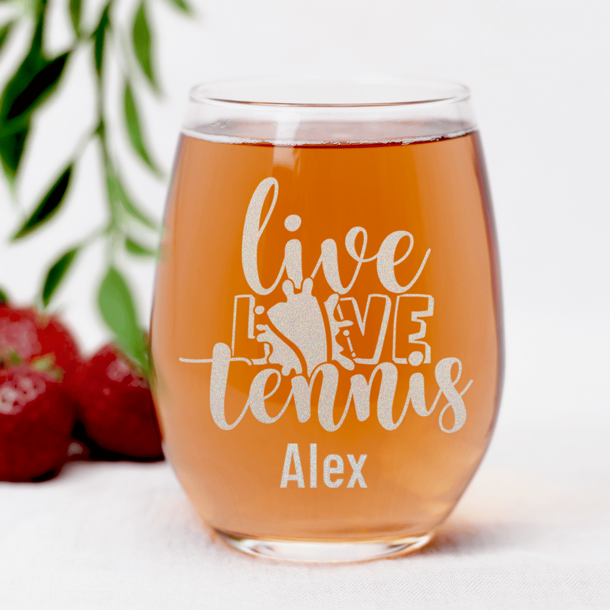 Personalized Live Love Tennis Stemless Wine Glass for her, Customized Gifts for Women by Groovy Girl Gifts
