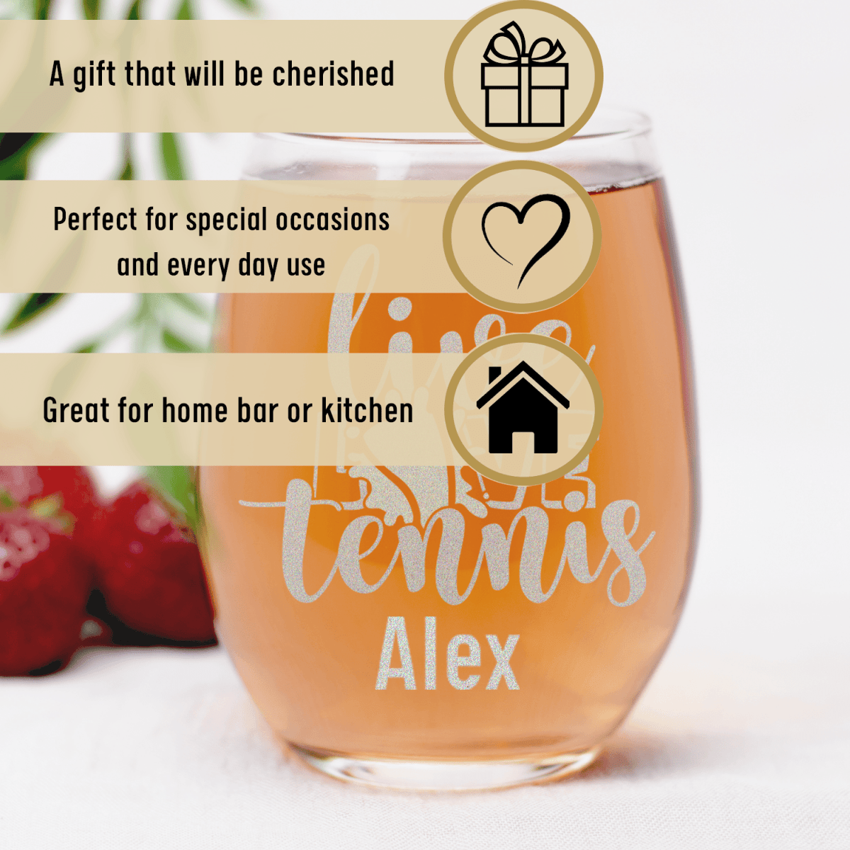 Personalized Live Love Tennis Stemless Wine Glass for her, Customized Gifts for Women by Groovy Girl Gifts