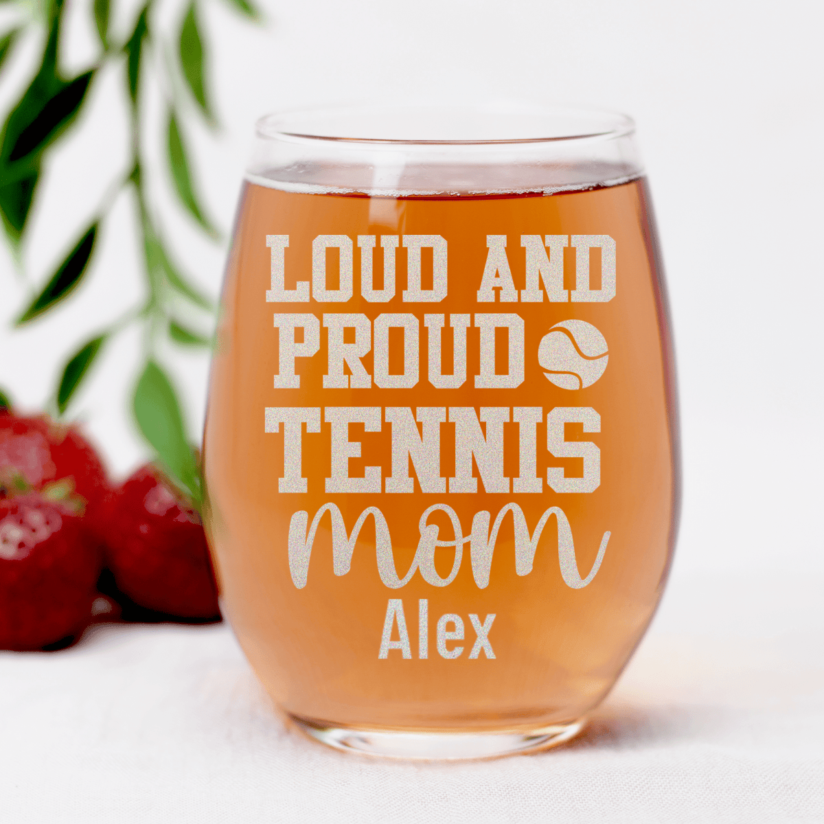 Personalized Loud And Proud Tennis Mom Stemless Wine Glass for her, Customized Gifts for Women by Groovy Girl Gifts