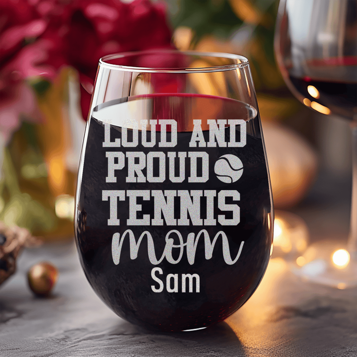 Personalized Loud And Proud Tennis Mom Stemless Wine Glass for her, Customized Gifts for Women by Groovy Girl Gifts