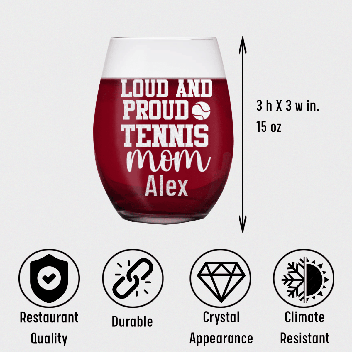 Personalized Loud And Proud Tennis Mom Stemless Wine Glass for her, Customized Gifts for Women by Groovy Girl Gifts