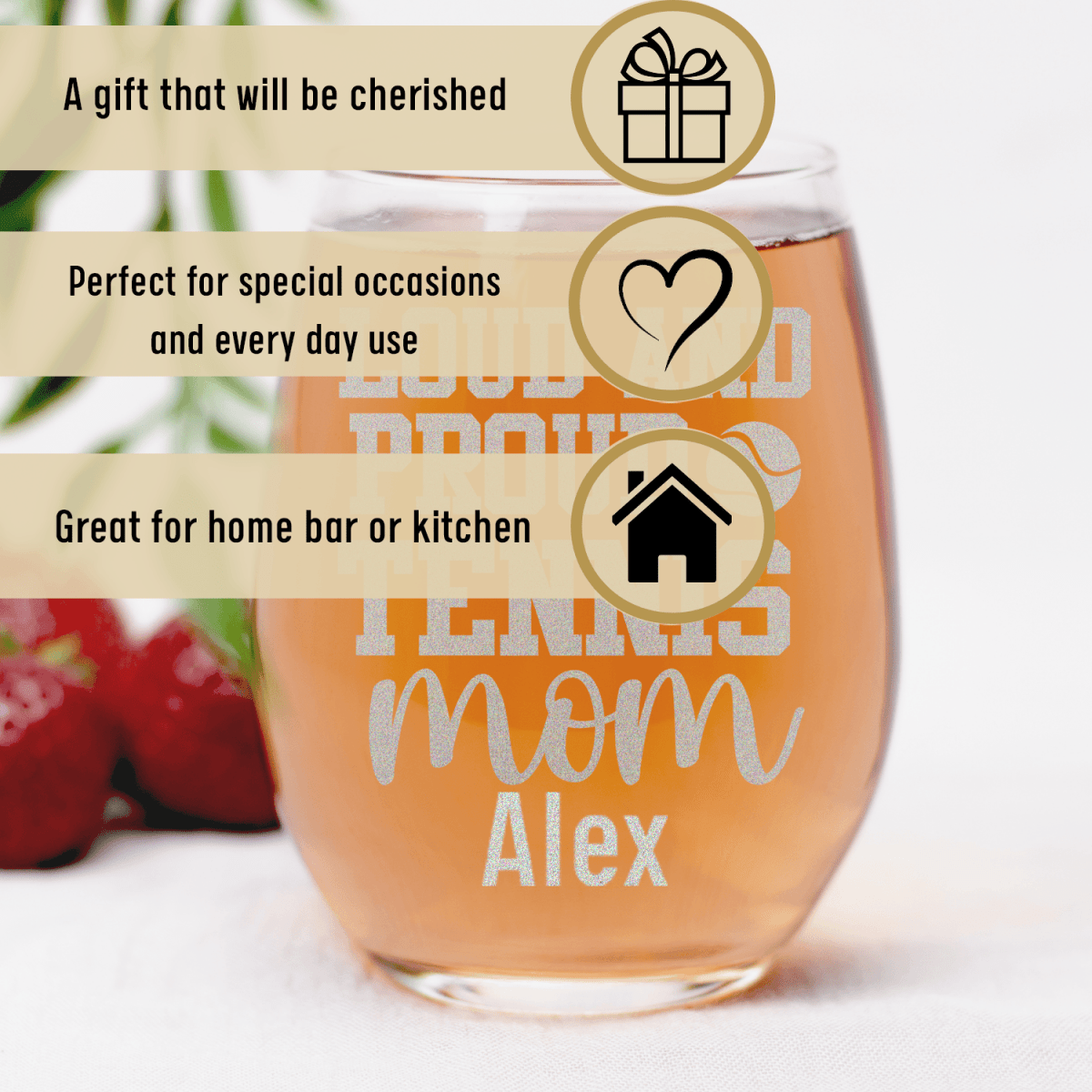 Personalized Loud And Proud Tennis Mom Stemless Wine Glass for her, Customized Gifts for Women by Groovy Girl Gifts