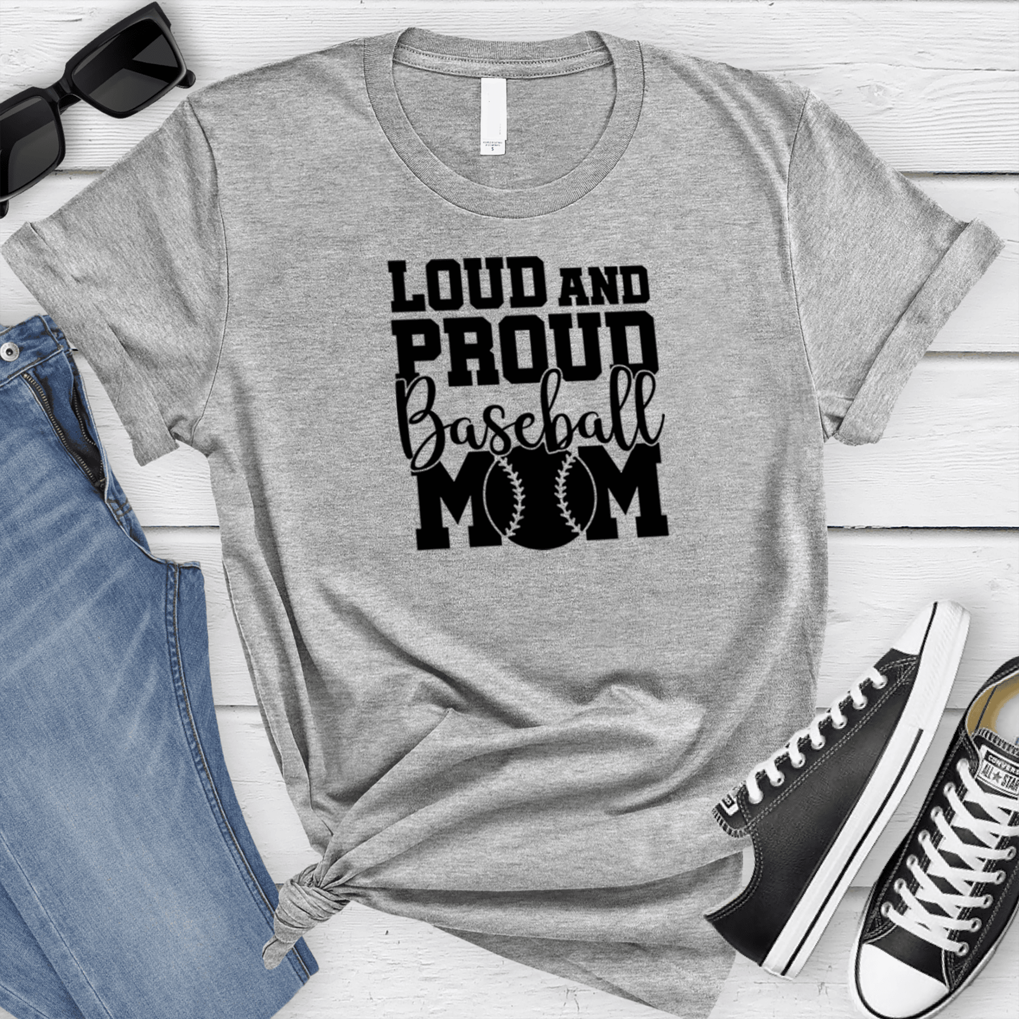 Womens Grey T Shirt with Loud-Baseball-Mom-Alert design