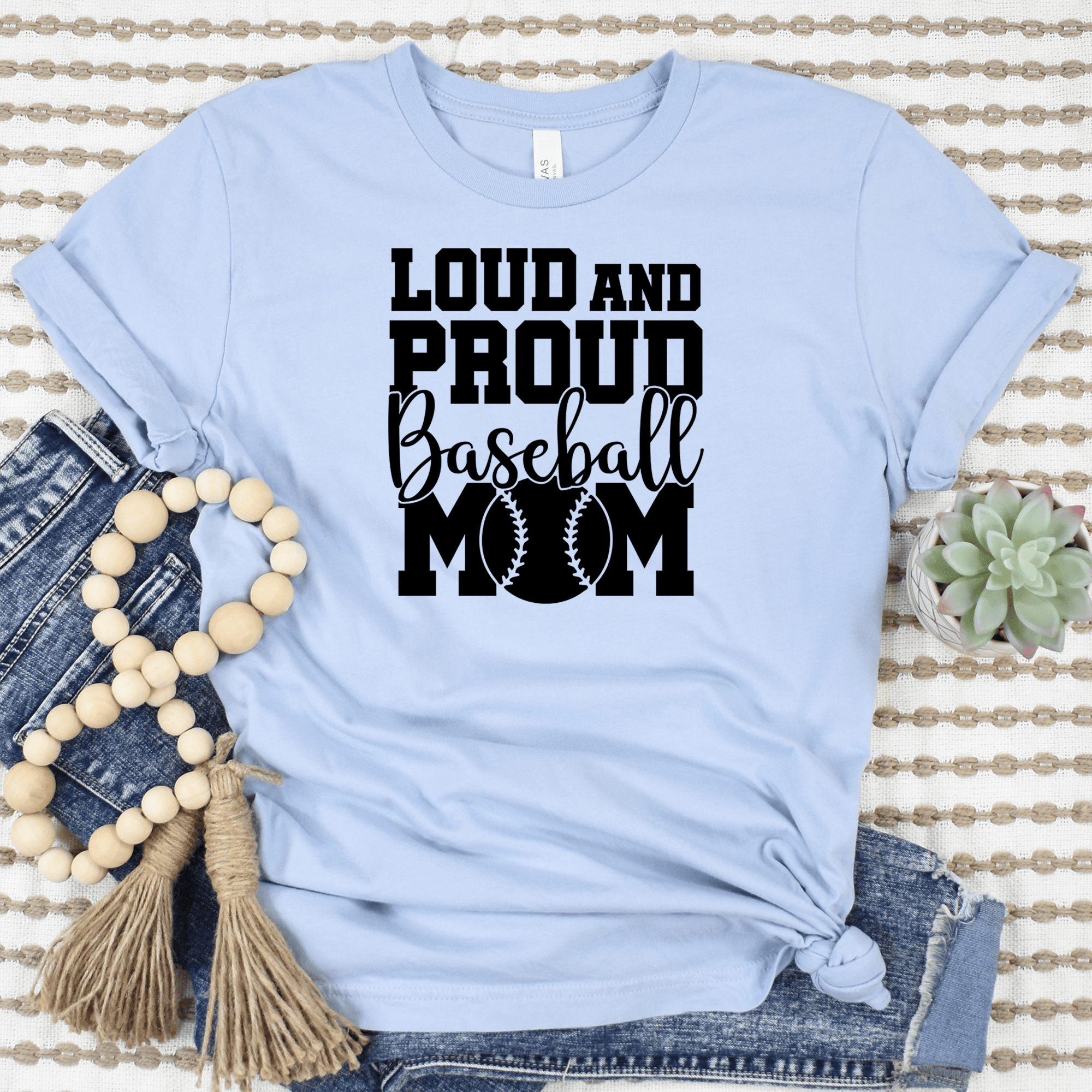 Womens Light Blue T Shirt with Loud-Baseball-Mom-Alert design
