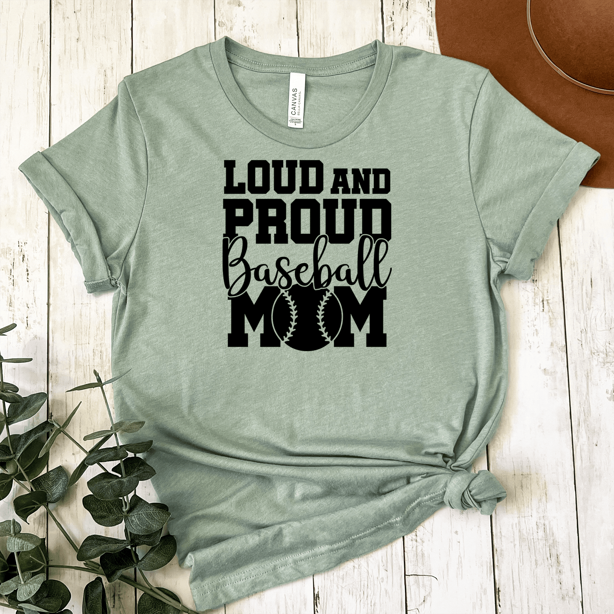 Womens Light Green T Shirt with Loud-Baseball-Mom-Alert design