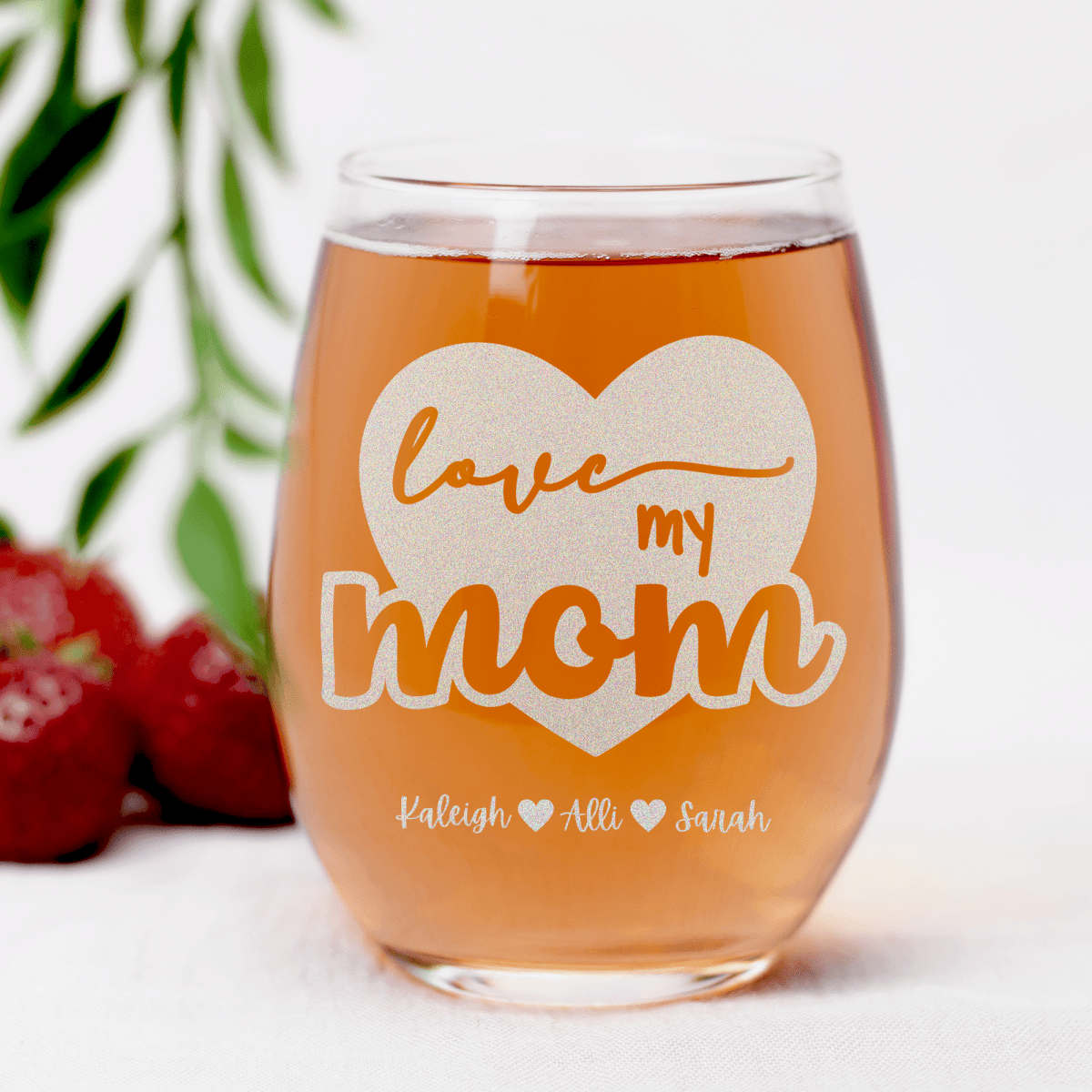 Personalized Love My Mom Stemless Wine Glass for her, Customized Gifts for Women by Groovy Girl Gifts