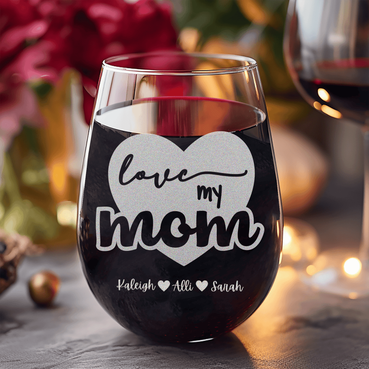 Personalized Love My Mom Stemless Wine Glass for her, Customized Gifts for Women by Groovy Girl Gifts