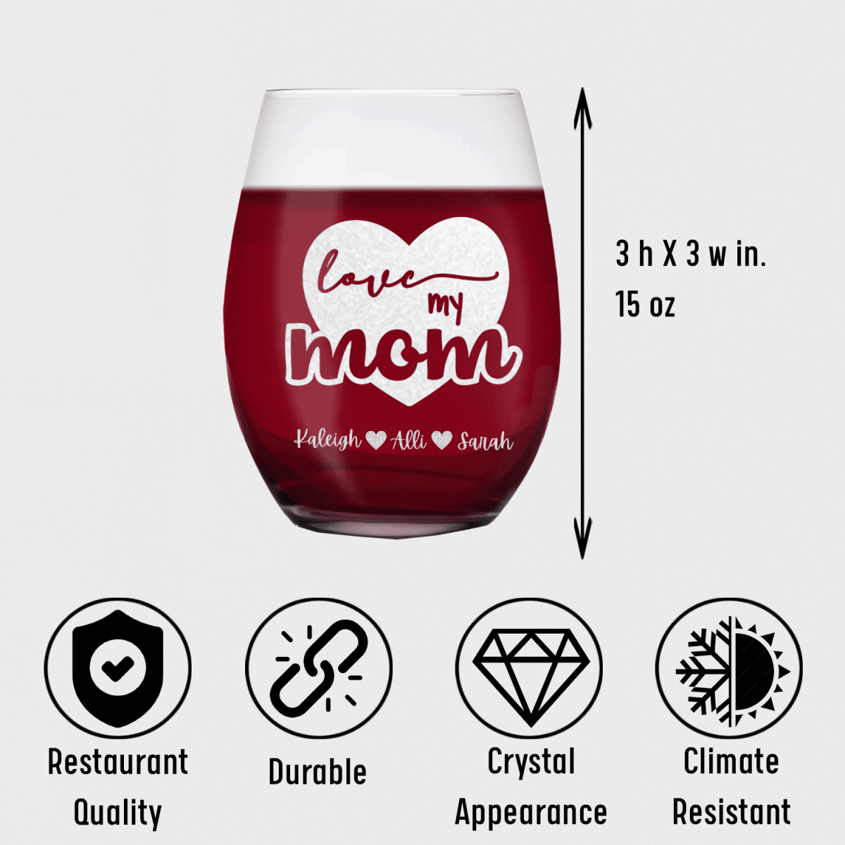 Personalized Love My Mom Stemless Wine Glass for her, Customized Gifts for Women by Groovy Girl Gifts