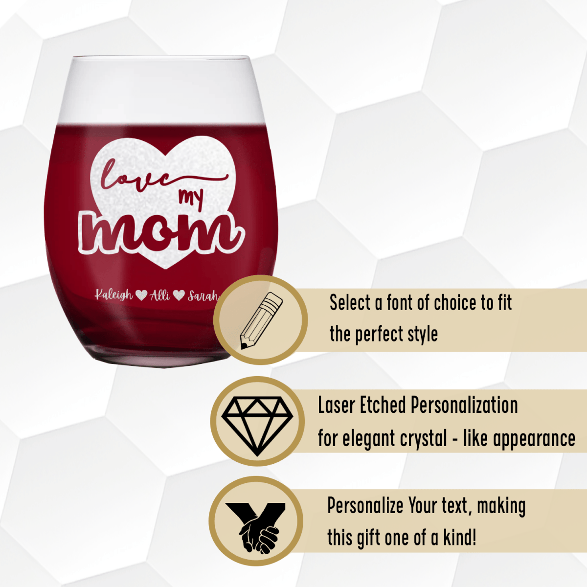 Personalized Love My Mom Stemless Wine Glass for her, Customized Gifts for Women by Groovy Girl Gifts