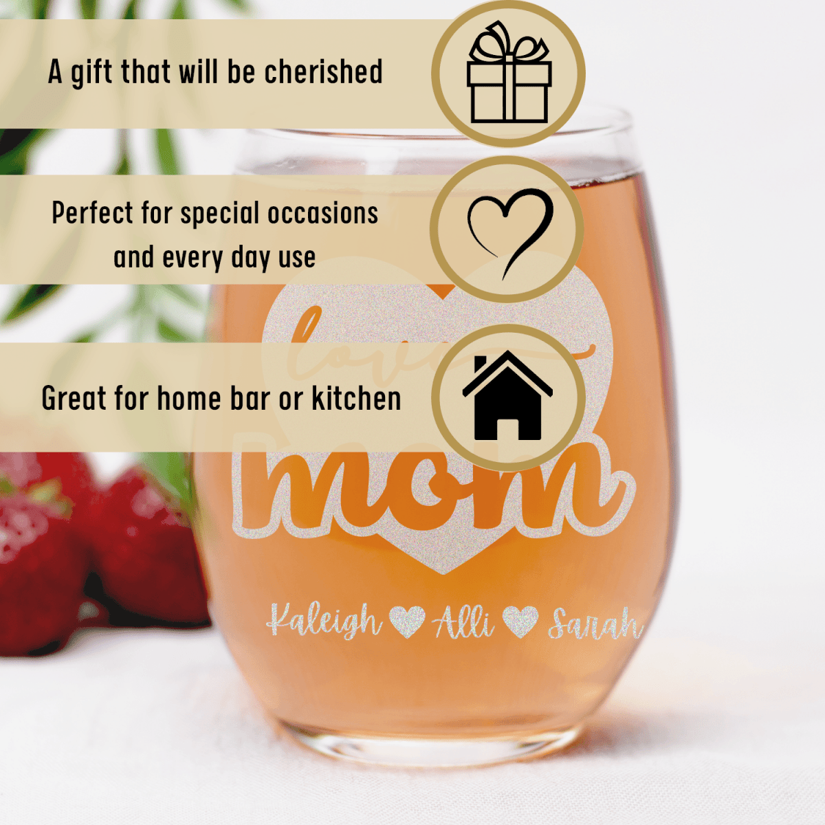 Personalized Love My Mom Stemless Wine Glass for her, Customized Gifts for Women by Groovy Girl Gifts