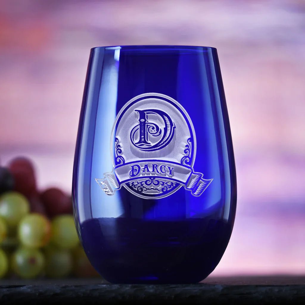Personalized Blue Stemless Wine Glass for her, Customized Gifts for Women by Groovy Girl Gifts