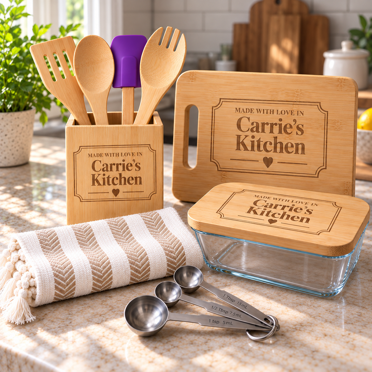 Kitchen gift set for mom laid out on a counter, utensil holder, cutting board and glass container lid engraved Made With Love in Carrie's Kitchen, with measuring spoons