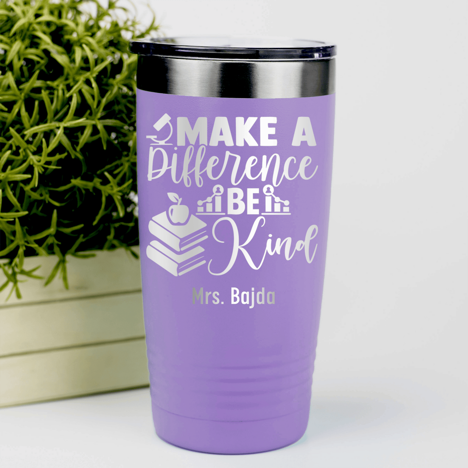 Light Purple Teacher Tumbler With Make A Difference Be Kind Design