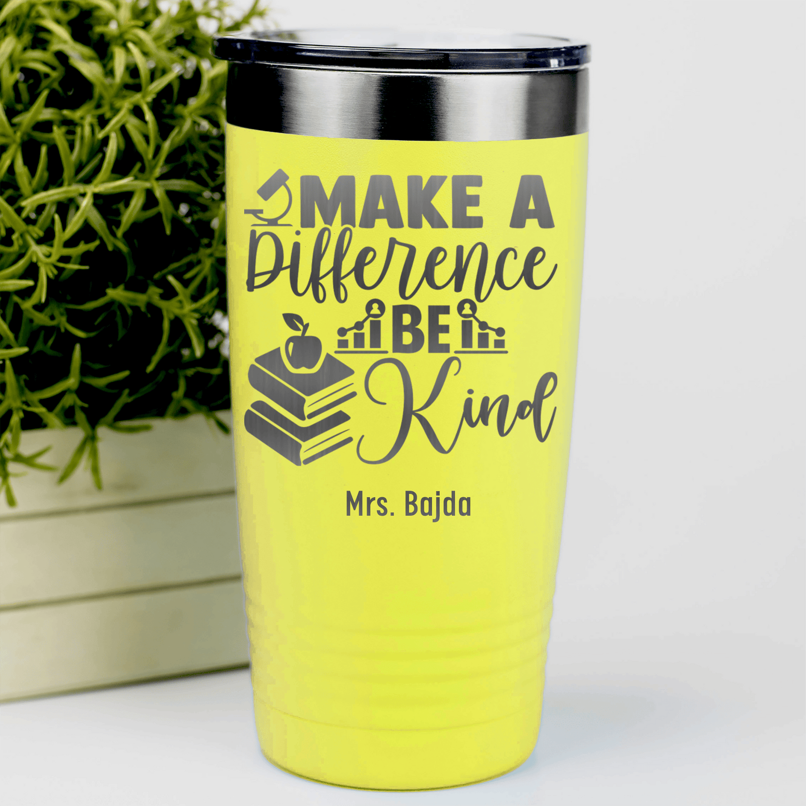 Yellow Teacher Tumbler With Make A Difference Be Kind Design
