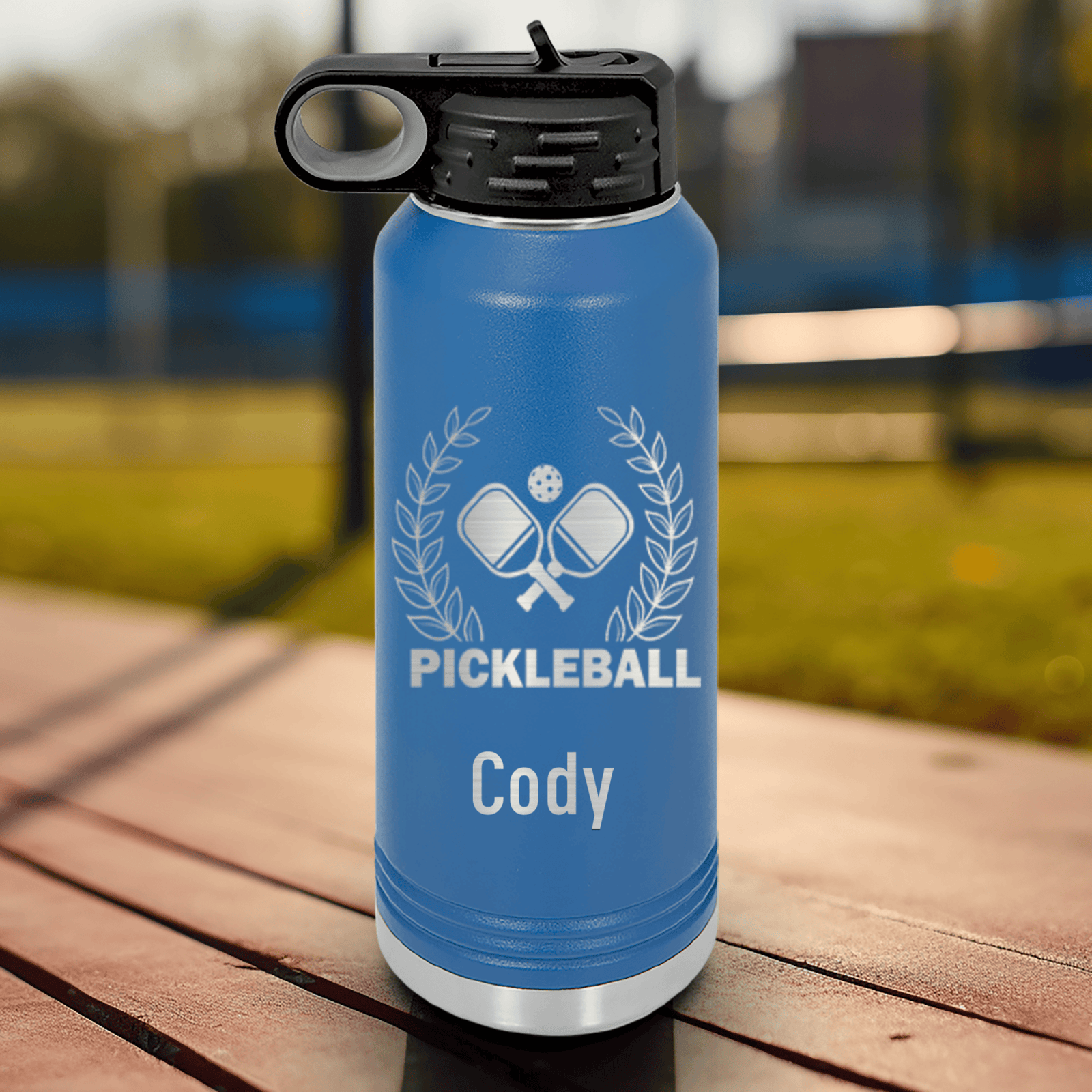 Blue Pickleball Water Bottle With Master Of Pickleball Design
