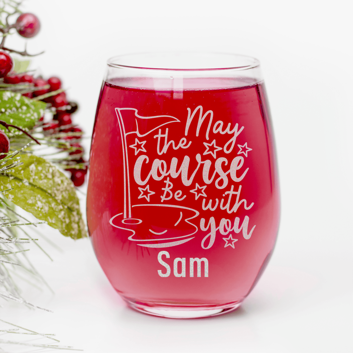 Personalized May The Course Be With You Stemless Wine Glass for her, Customized Gifts for Women by Groovy Girl Gifts