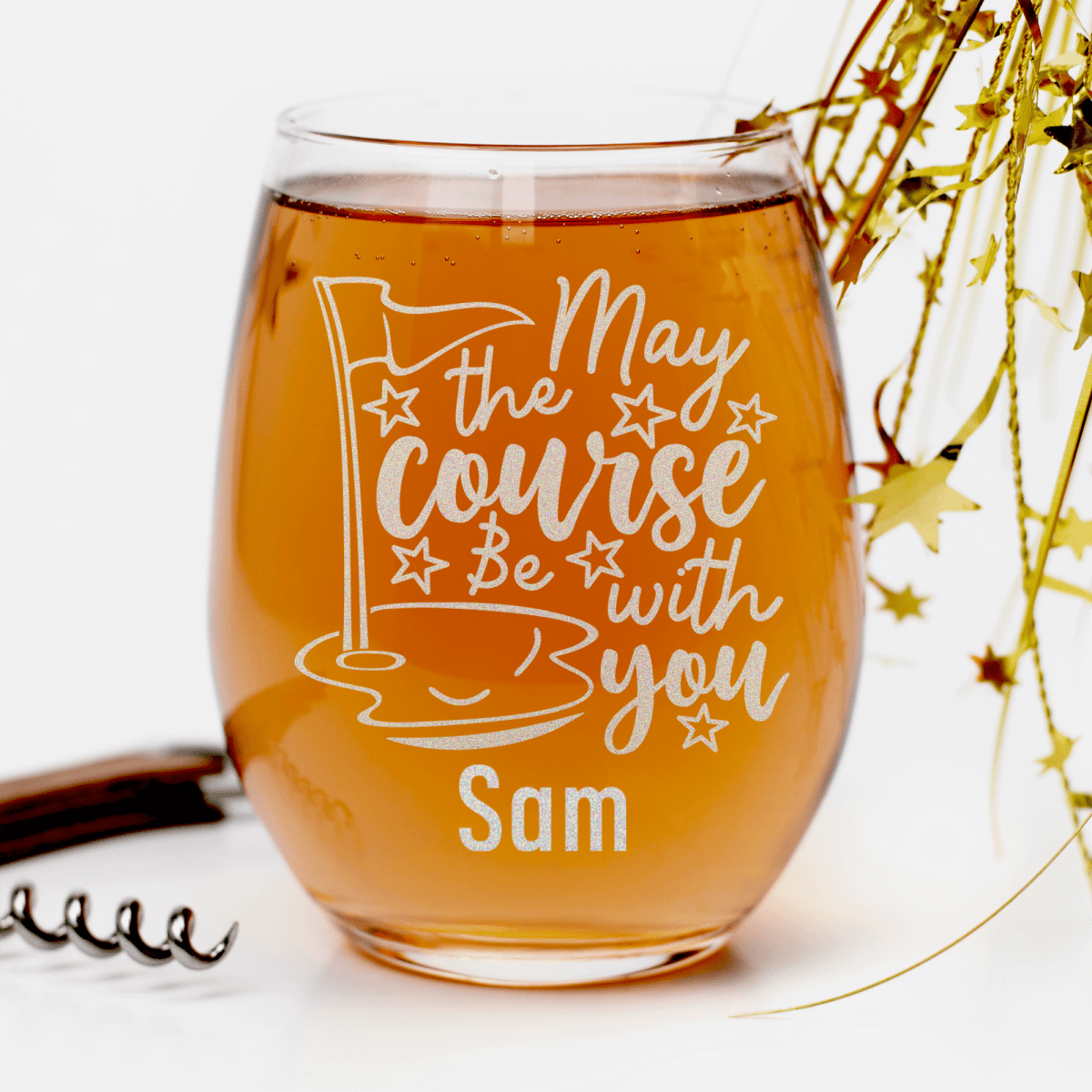 Personalized May The Course Be With You Stemless Wine Glass for her, Customized Gifts for Women by Groovy Girl Gifts