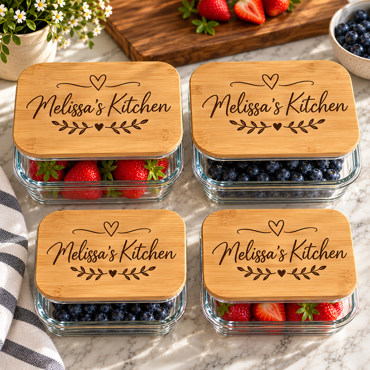 Four clear glass storage containers with bamboo lids engraved with 'Melissa's Kitchen' and a heart-and-leaf design, arranged on a marble surface with strawberries, blueberries, flowers, and a cutting board in the background.