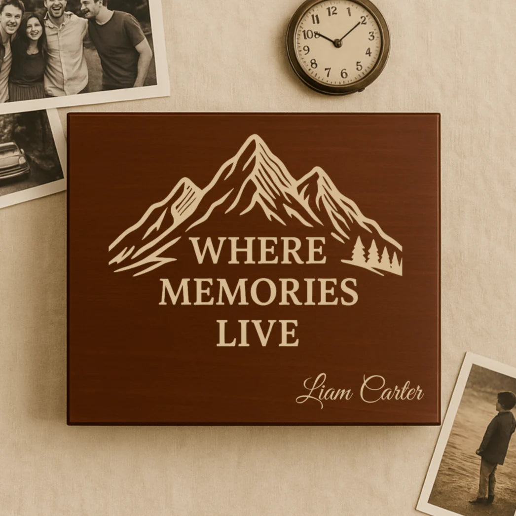 Personalized wooden memory box for women with engraved name, dates, and heartfelt message