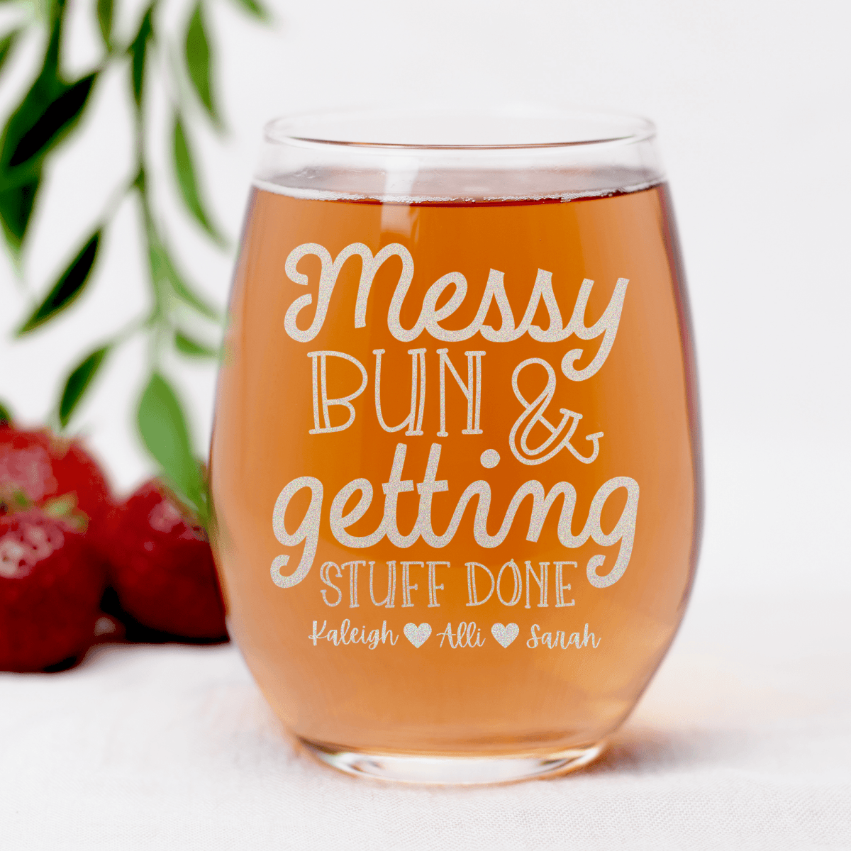 Personalized Messy Buns Get It Done Stemless Wine Glass for her, Customized Gifts for Women by Groovy Girl Gifts