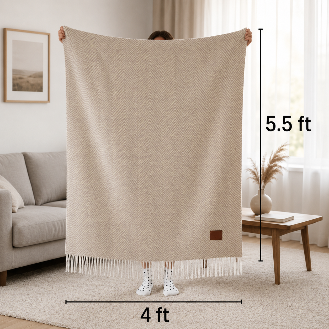 Beige knit throw blanket with herringbone pattern, brown woven label, and fringe trim, displayed at 4 ft wide by 5.5 ft tall in a modern living room setting.