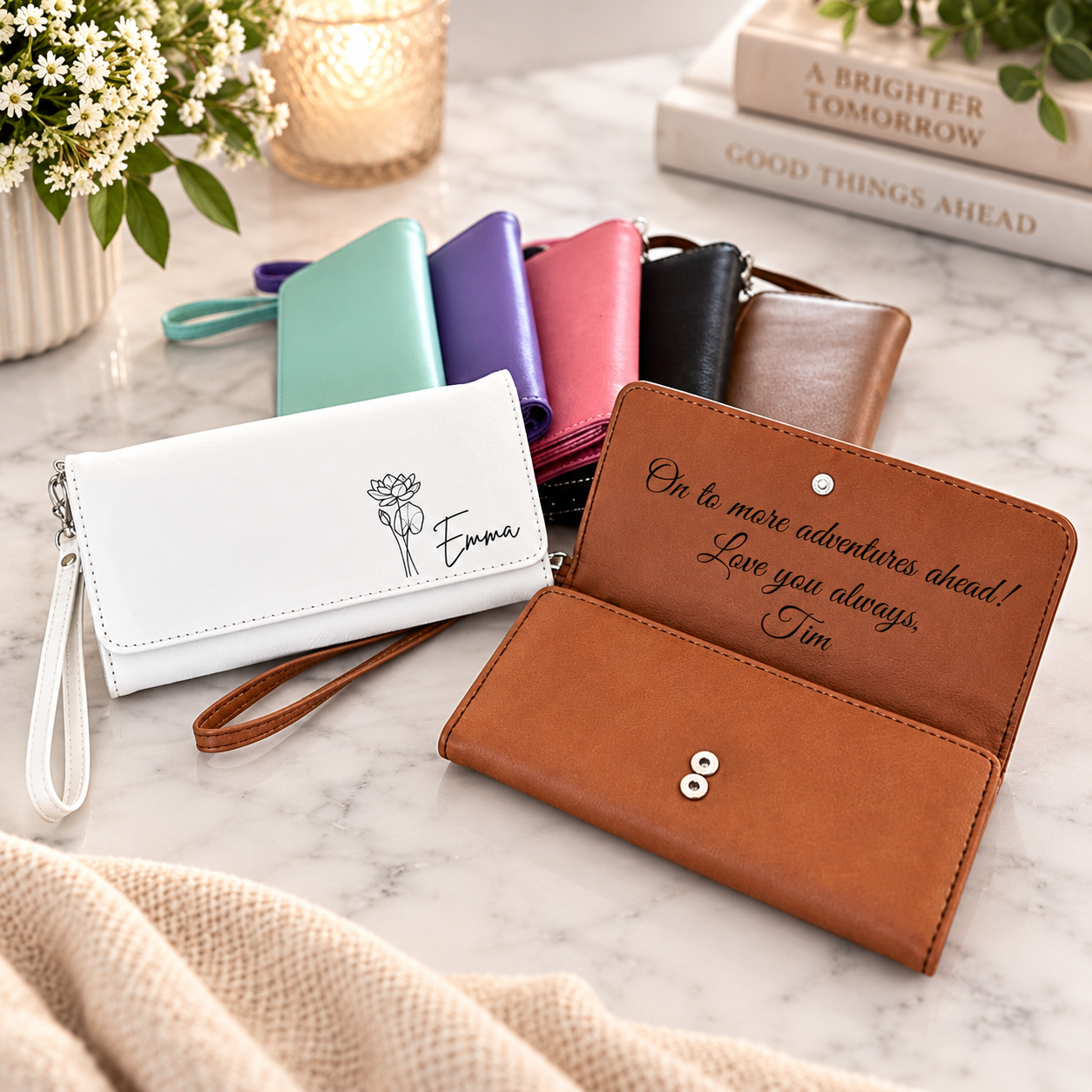 Mom's Birth Flower Personalized Leather Wristlet