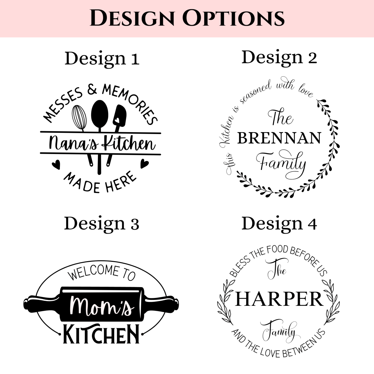 Four engraving design options for the Mom's Kitchen Essentials gift set: Nana's Kitchen, a family name wreath, Welcome to Mom's Kitchen, and a Bless This Food wreath.