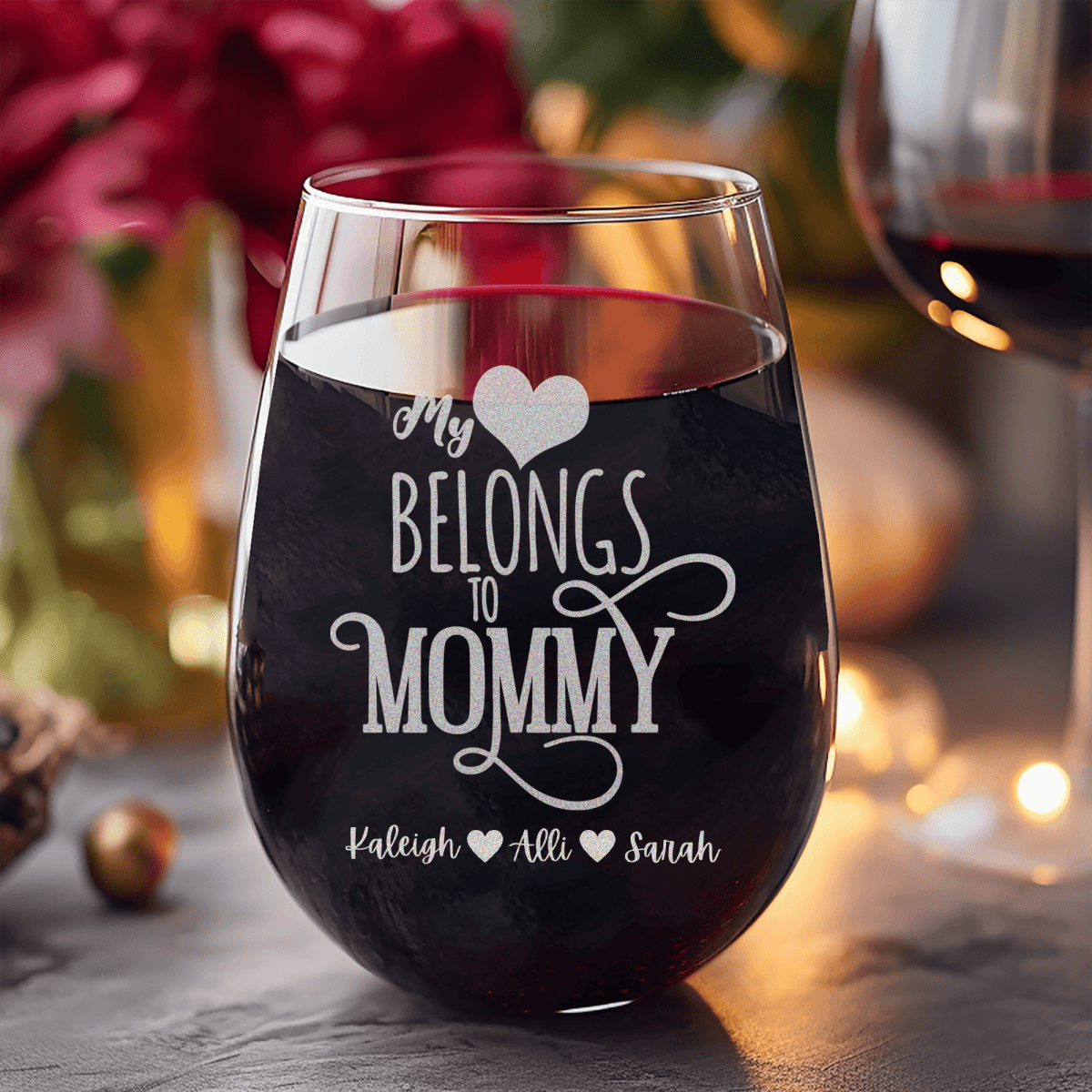 Personalized Mommy Has My Heart Stemless Wine Glass for her, Customized Gifts for Women by Groovy Girl Gifts