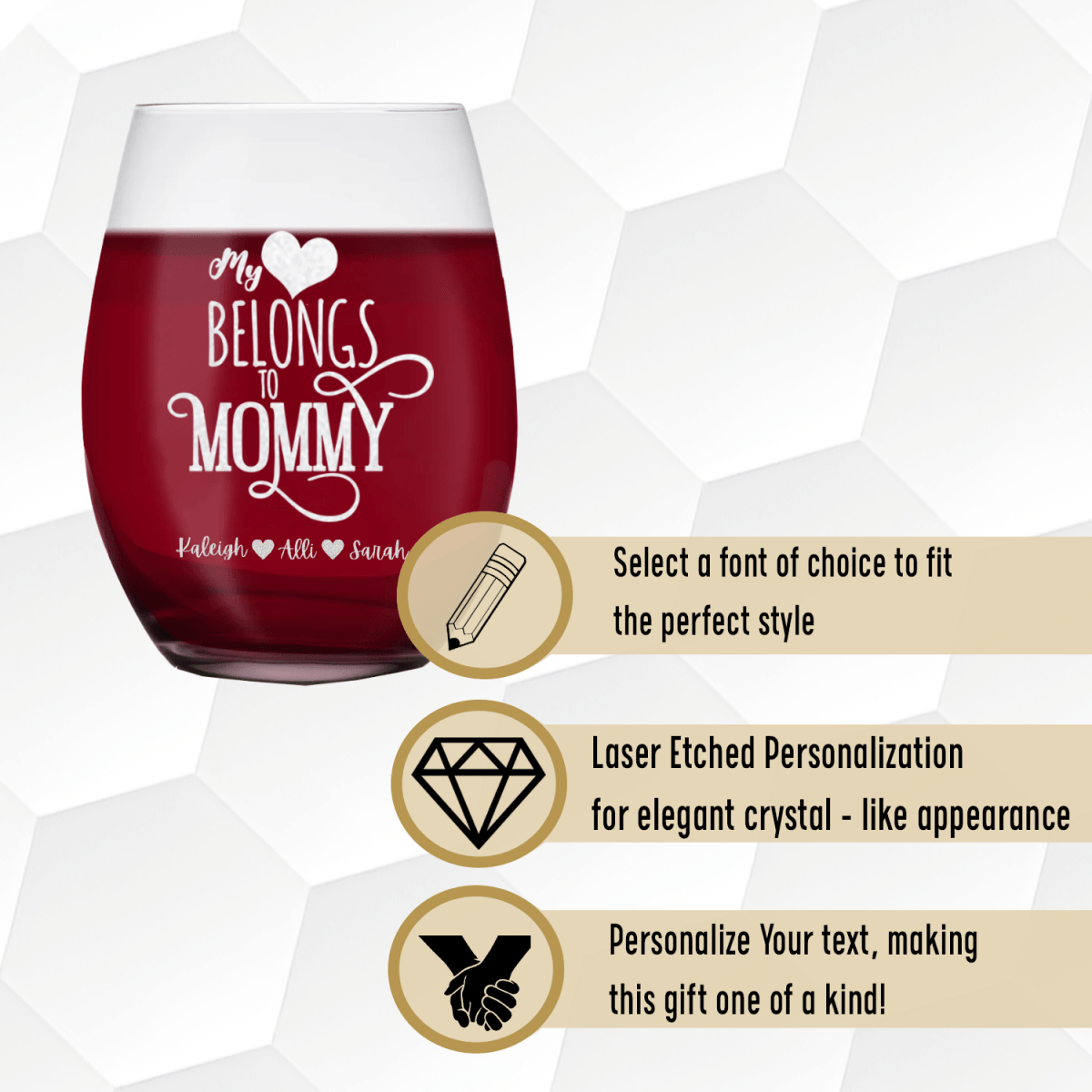 Personalized Mommy Has My Heart Stemless Wine Glass for her, Customized Gifts for Women by Groovy Girl Gifts