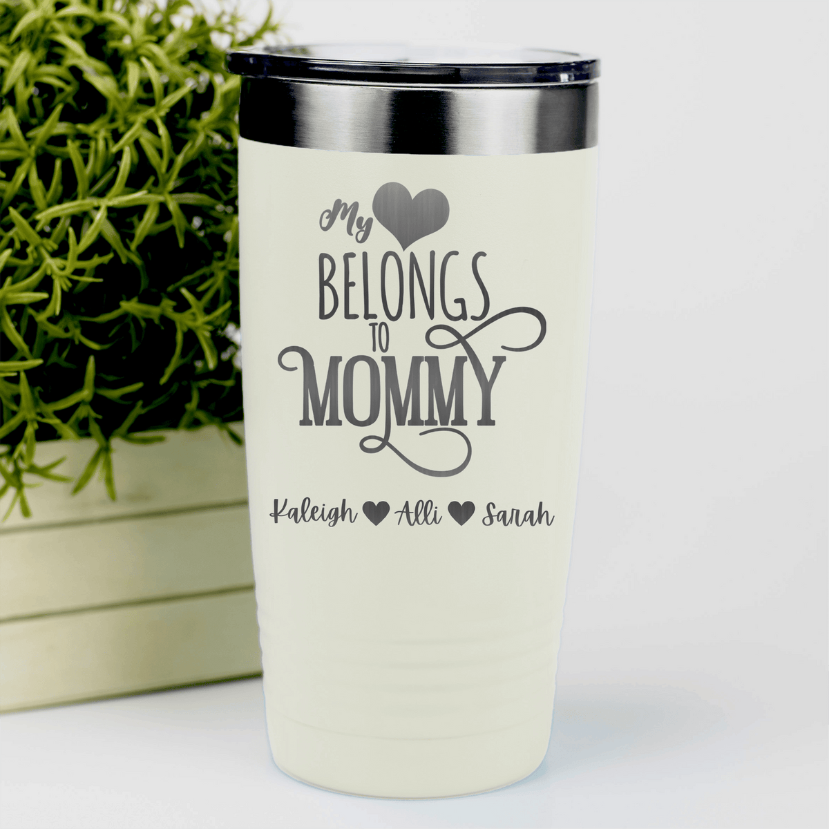 White Mothers Day Tumbler With Mommy Has My Heart Design
