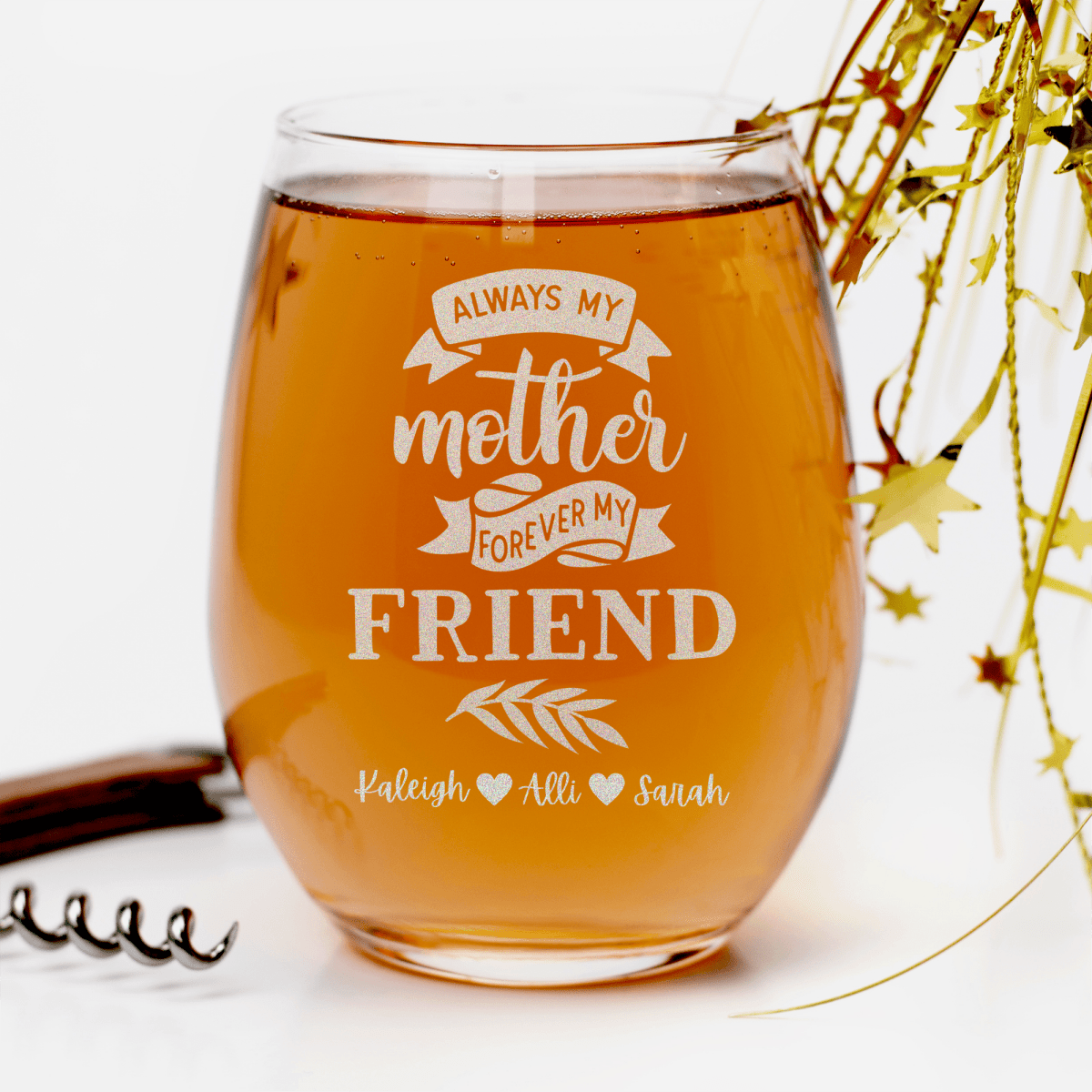 Personalized Moms Forever Friend Stemless Wine Glass for her, Customized Gifts for Women by Groovy Girl Gifts