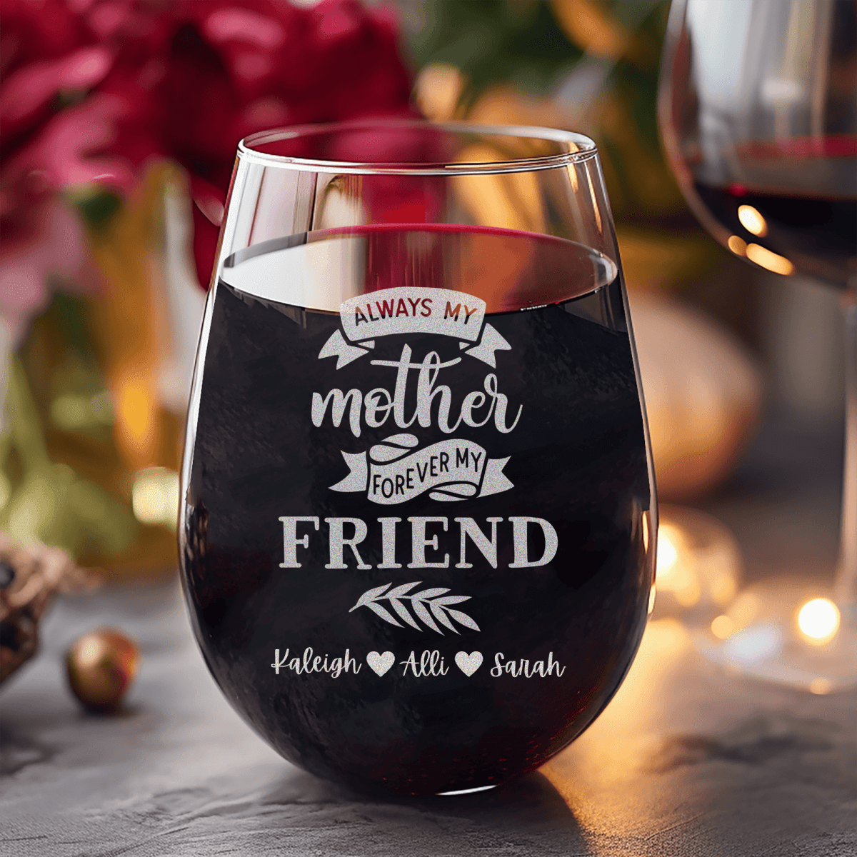 Personalized Moms Forever Friend Stemless Wine Glass for her, Customized Gifts for Women by Groovy Girl Gifts
