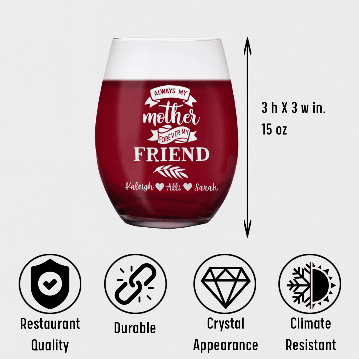 Personalized Moms Forever Friend Stemless Wine Glass for her, Customized Gifts for Women by Groovy Girl Gifts